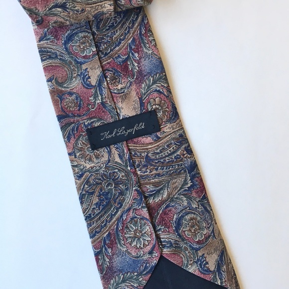 Karl Lagerfeld 100% Silk Paisley Floral Print Neck Tie Men's Designer Blue Red - Picture 4 of 4
